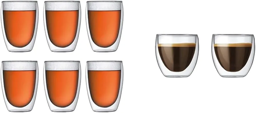 Bodum Pavina Double-Wall Insulated Glasses, Borosilicate Glass, 12 Oz., Set of 6, Clear & Pavina Double Wall Insulated Glasses, 2.5oz, Set of 2, Clear