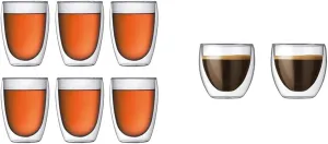Bodum Pavina Double-Wall Insulated Glasses, Borosilicate Glass, 12 Oz., Set of 6, Clear & Pavina Double Wall Insulated Glasses, 2.5oz, Set of 2, Clear