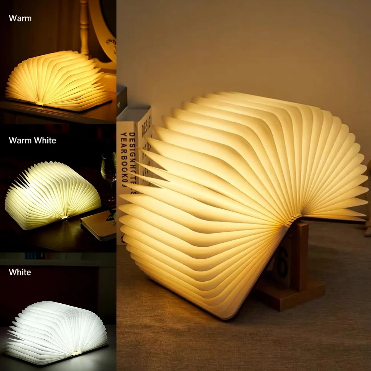Book Lamp Folding Mood Light, Novelty LED Book-Shaped Night Light, USB Rechargeable Wooden Bedside Table Lamp, Soft Nighttime Lighting/Decor, Book Lovers Christmas Birthday Gift