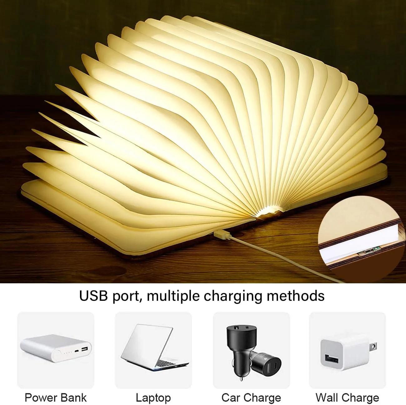 Book Lamp Folding Mood Light, Novelty LED Book-Shaped Night Light, USB Rechargeable Wooden Bedside Table Lamp, Soft Nighttime Lighting/Decor, Book Lovers Christmas Birthday Gift