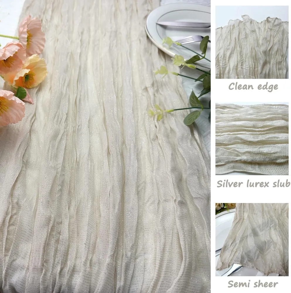 Booque Valley 2 Pack Glitter Cheesecloth Table Runner 10ft Silver Lurex Rustic Gauze Sheer Cloth for Wedding Bridal Baby Shower Birthday Party Boho Spring Summer Table Decoration, 35x120 Inch, Cream