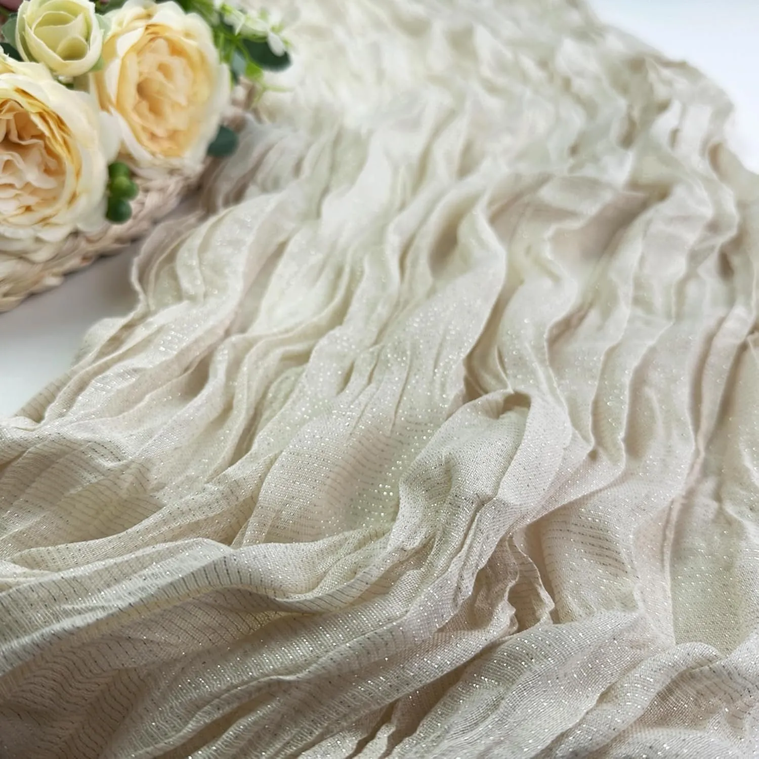 Booque Valley 2 Pack Glitter Cheesecloth Table Runner 10ft Silver Lurex Rustic Gauze Sheer Cloth for Wedding Bridal Baby Shower Birthday Party Boho Spring Summer Table Decoration, 35x120 Inch, Cream