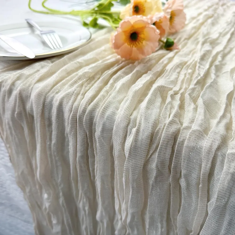 Booque Valley 2 Pack Glitter Cheesecloth Table Runner 10ft Silver Lurex Rustic Gauze Sheer Cloth for Wedding Bridal Baby Shower Birthday Party Boho Spring Summer Table Decoration, 35x120 Inch, Cream