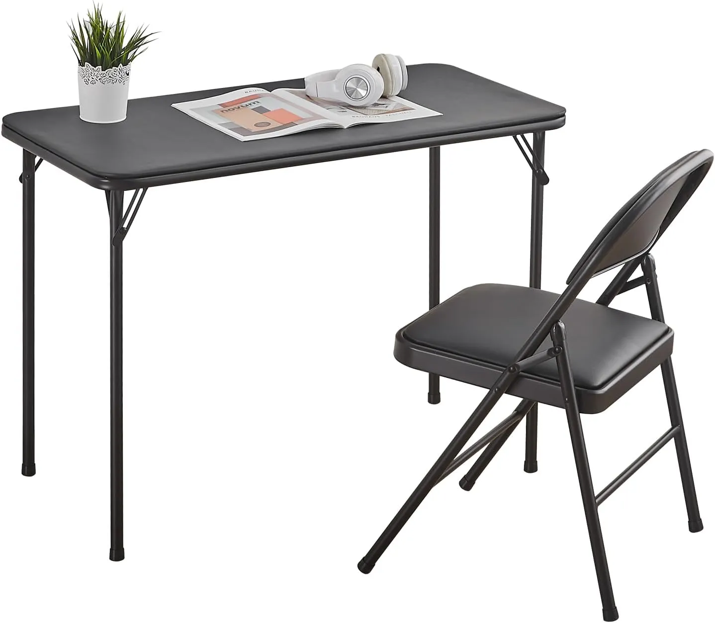 BOOSDEN Foldable Table and Chair Set, Folding Card Table and Chairs, Folding Table Chair Set, Foldable Table and Chair for Outdoor & Indoor, 2 Pack, Black
