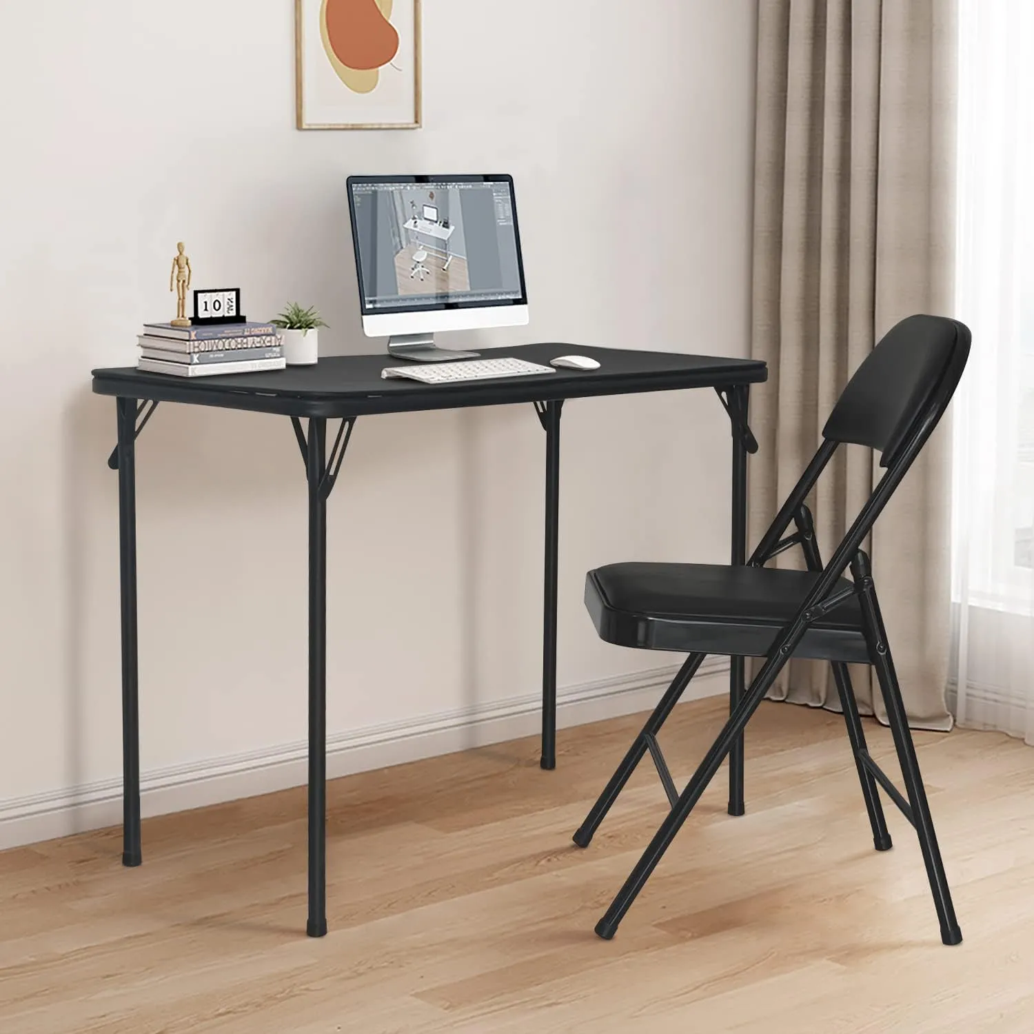 BOOSDEN Foldable Table and Chair Set, Folding Card Table and Chairs, Folding Table Chair Set, Foldable Table and Chair for Outdoor & Indoor, 2 Pack, Black