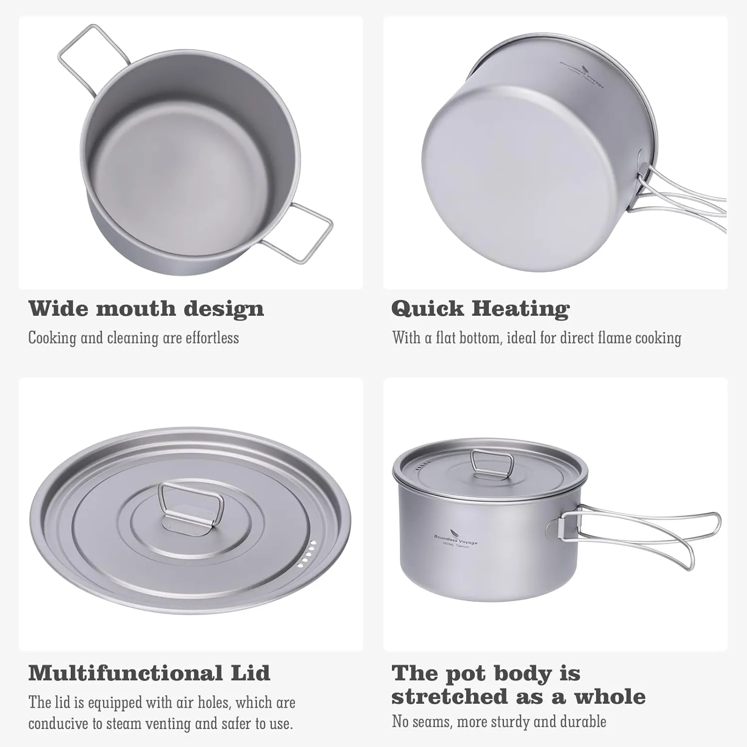 Boundless Voyage Camping Cookware Lightweight Cooking Pot Set Titanium Pot Portable for Outdoor Cooking Traveling Hiking Trekking Backpacking, 1-5 Person