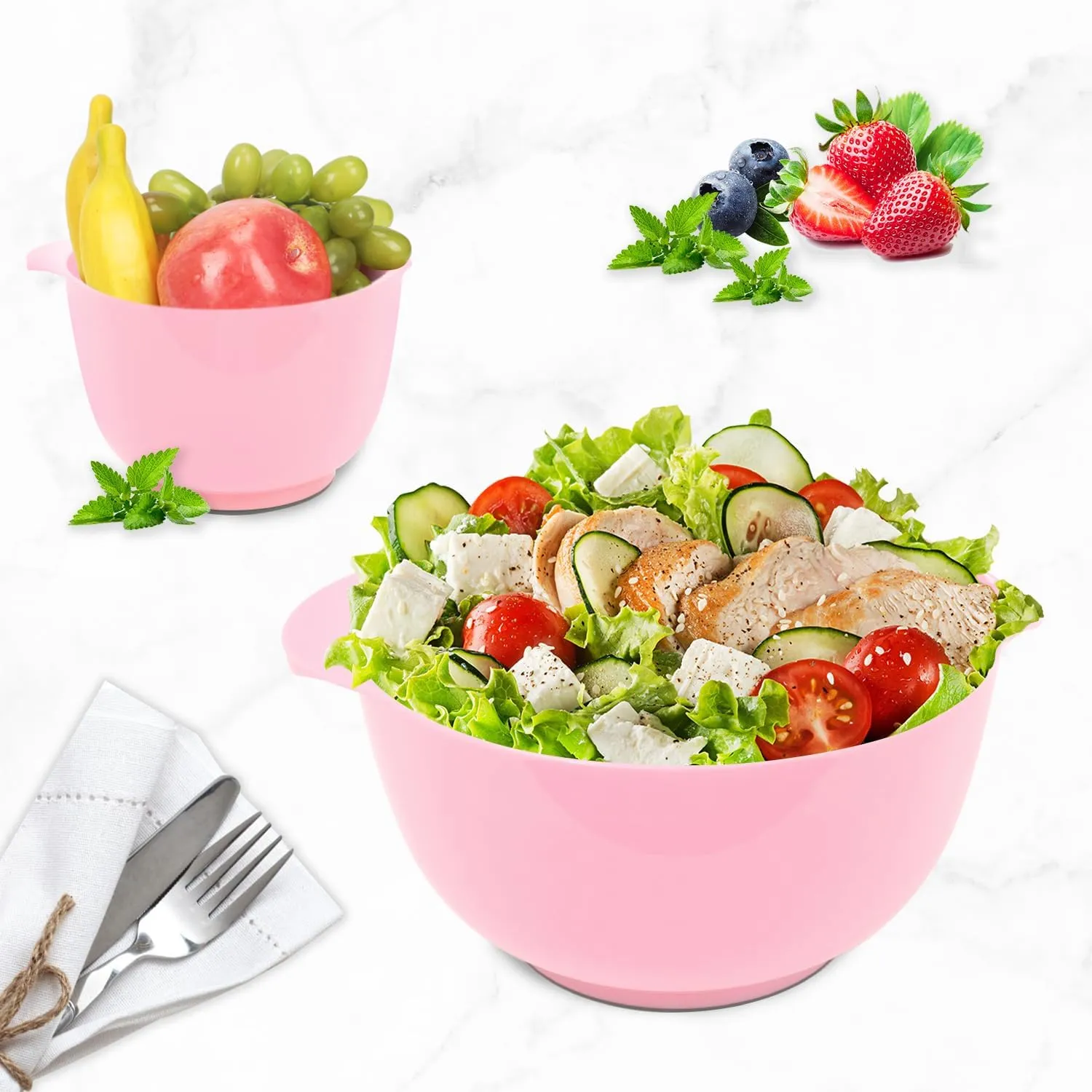 BoxedHome 4 Quart Large Plastic Mixing Bowls, Microwave Safe Mixing Bowl Set with Pour Spout, Nesting Bowls for Space Saving Storage(Fading Rose)