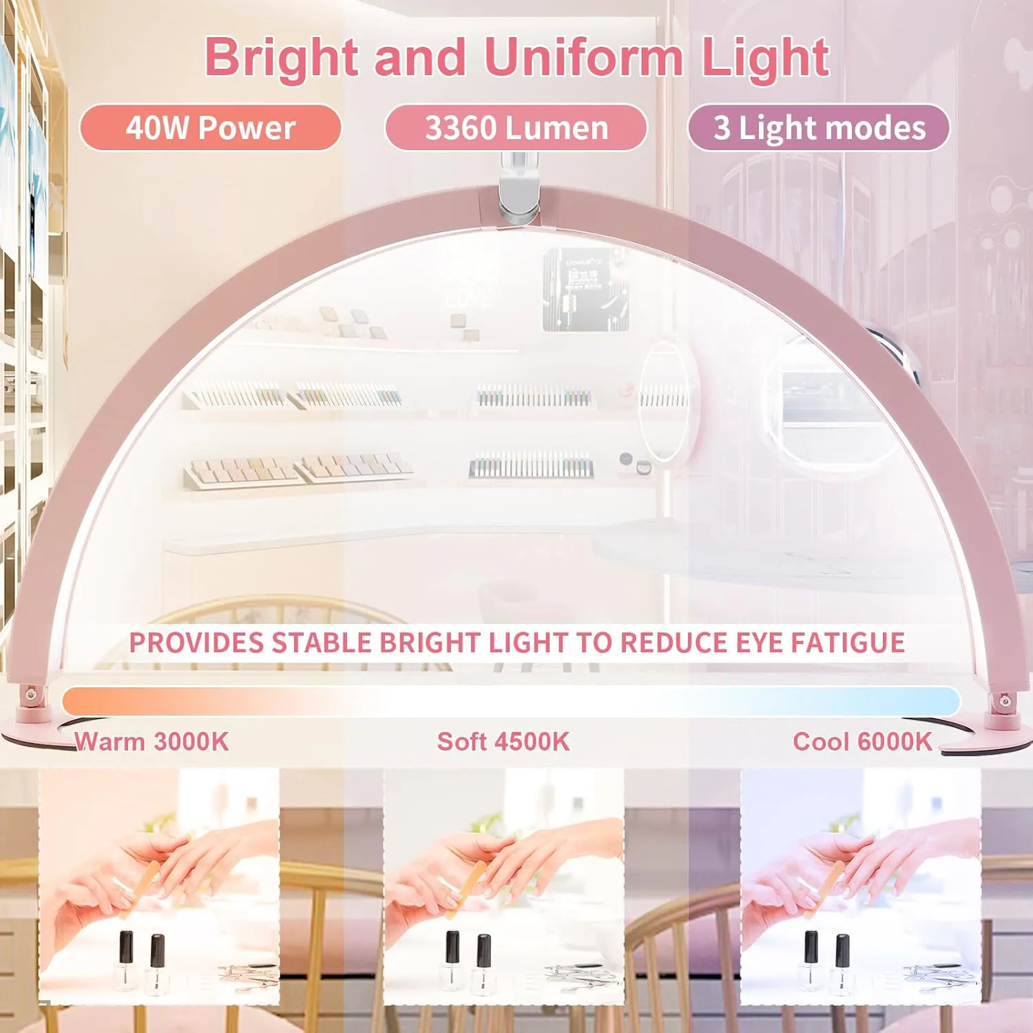 BQAN Half Moon Light, 29'' 40W Nail Desk Lamp with Phone Holder & Wire Controller & Remote, Stepless Adjustment for Nails, Tattoo, Eyelash Extensions (Pink)