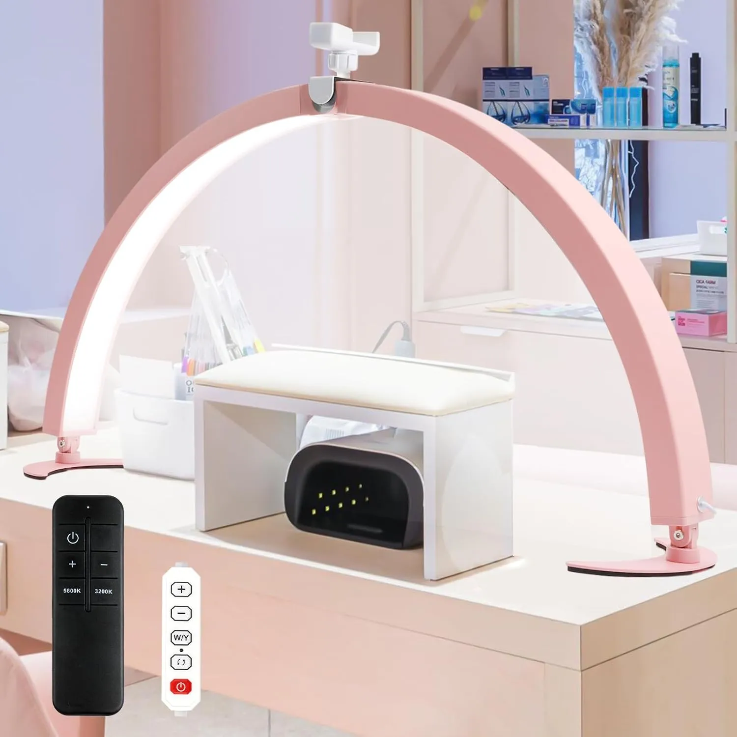 BQAN Half Moon Light, 29'' 40W Nail Desk Lamp with Phone Holder & Wire Controller & Remote, Stepless Adjustment for Nails, Tattoo, Eyelash Extensions (Pink)