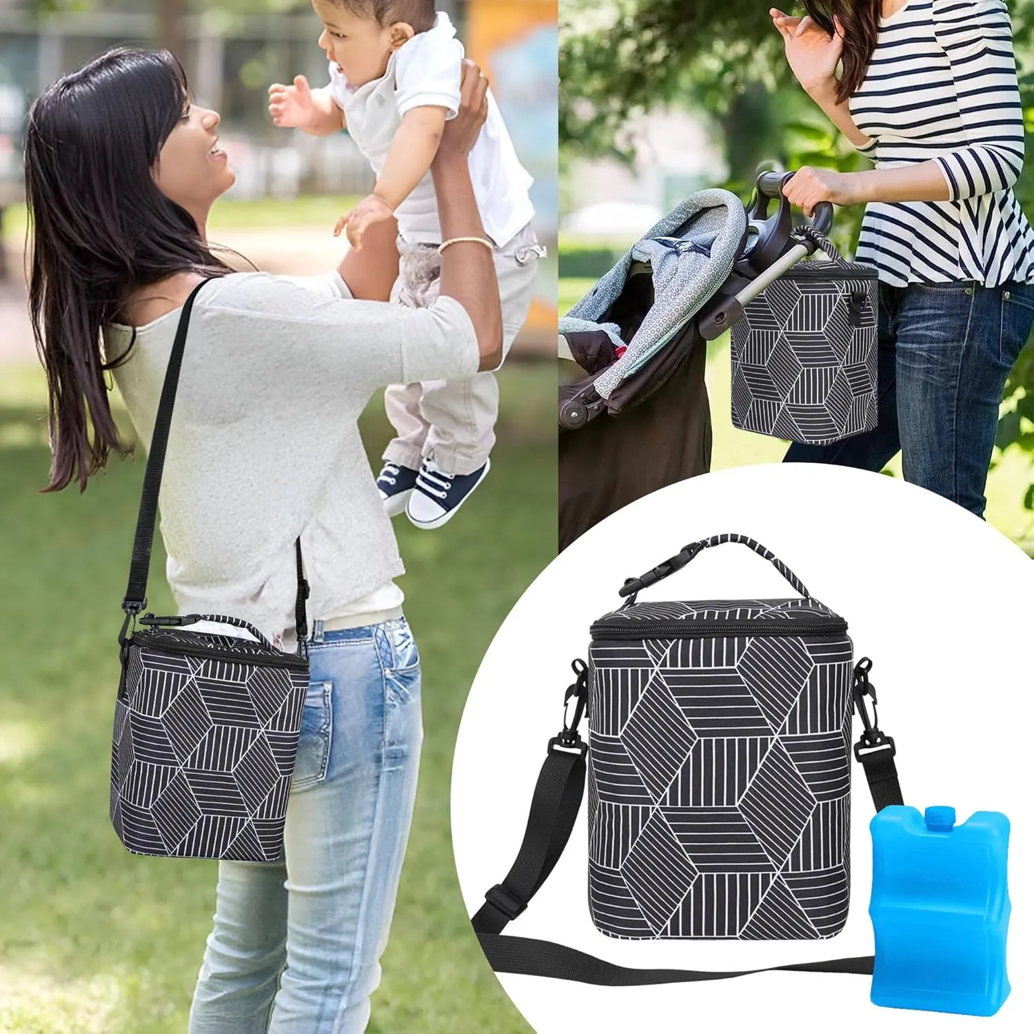 Breastmilk Cooler Bag with Ice Pack Fits 4 Baby Bottles Up to 9 Ounce Insulated Baby Bottle Bag Breast Milk Cooler on The Go with Strap Baby Bottle Cooler Bag for Nursing Mom Daycare or Travel