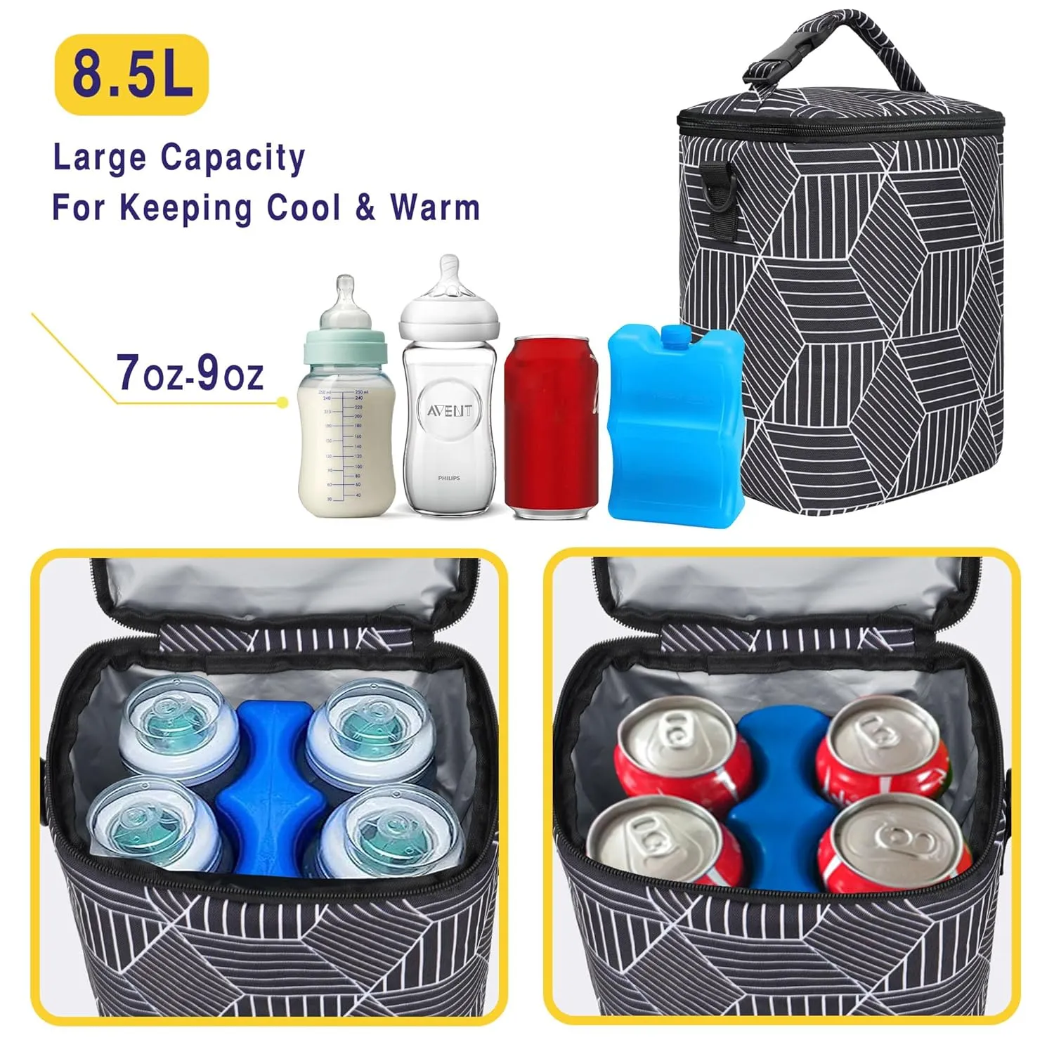 Breastmilk Cooler Bag with Ice Pack Fits 4 Baby Bottles Up to 9 Ounce Insulated Baby Bottle Bag Breast Milk Cooler on The Go with Strap Baby Bottle Cooler Bag for Nursing Mom Daycare or Travel