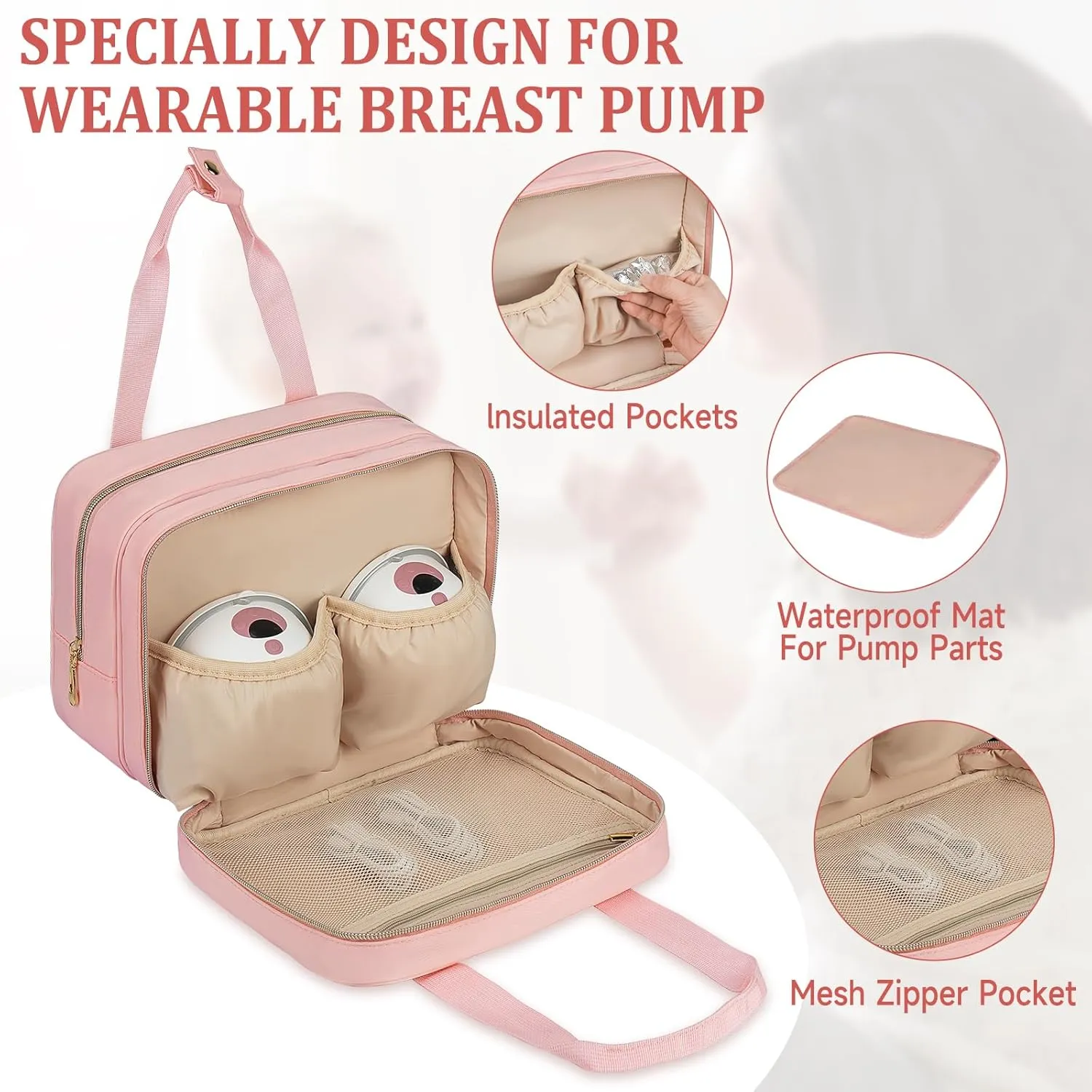 Breastmilk Cooler Travel Bag, Wearable Breast Pump Storage Bag Compatible with Momcozy/Medela/Elvie/Willow Breast Pump with Ice Pack and Waterproof Mat,Pink