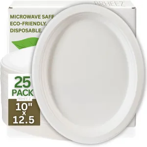 brheez Disposable Oval Dinner Plates 25 Pack (10"x12.5") Heavy Duty Better Than Paper Plates Natural, Compostable Disposable Platters, Large Oval - Heavy Duty