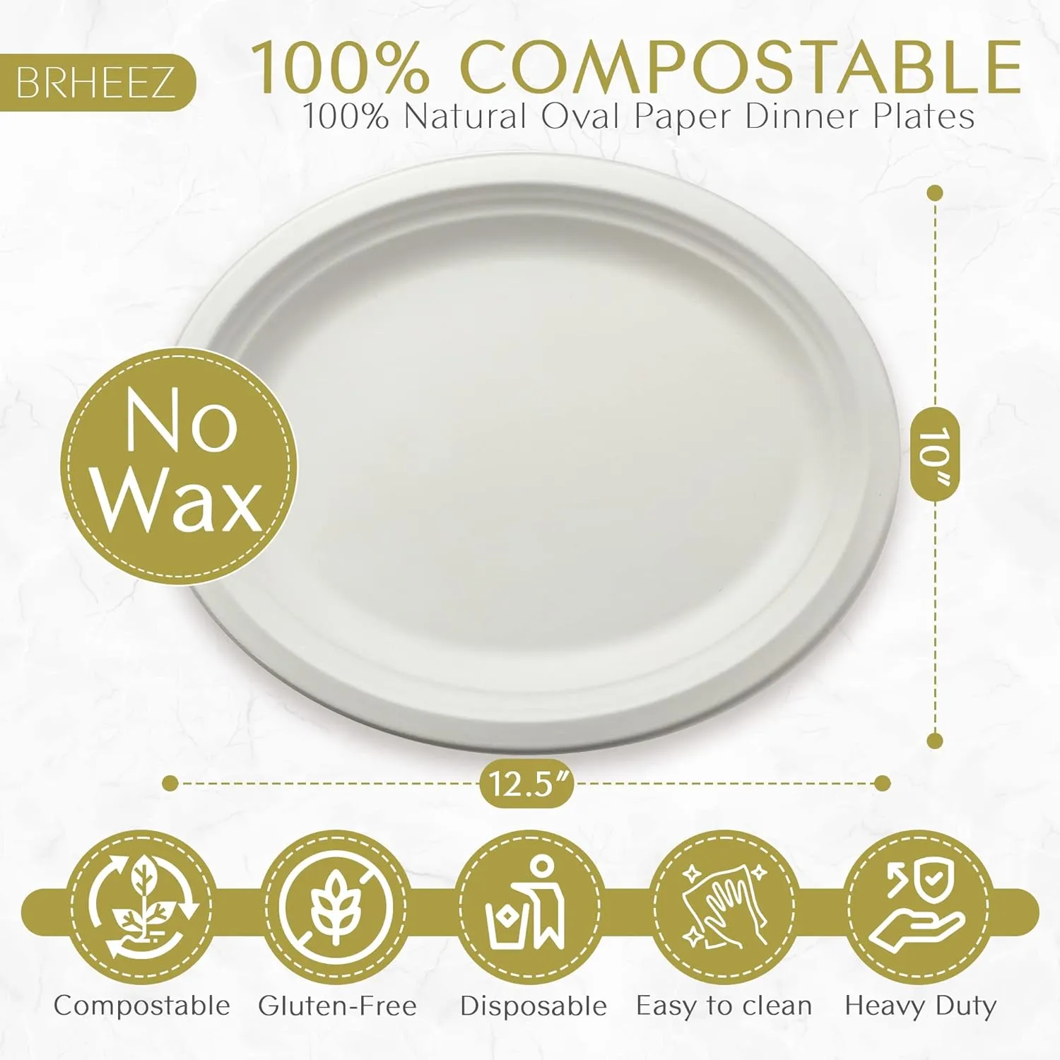 brheez Disposable Oval Dinner Plates 25 Pack (10"x12.5") Heavy Duty Better Than Paper Plates Natural, Compostable Disposable Platters, Large Oval - Heavy Duty