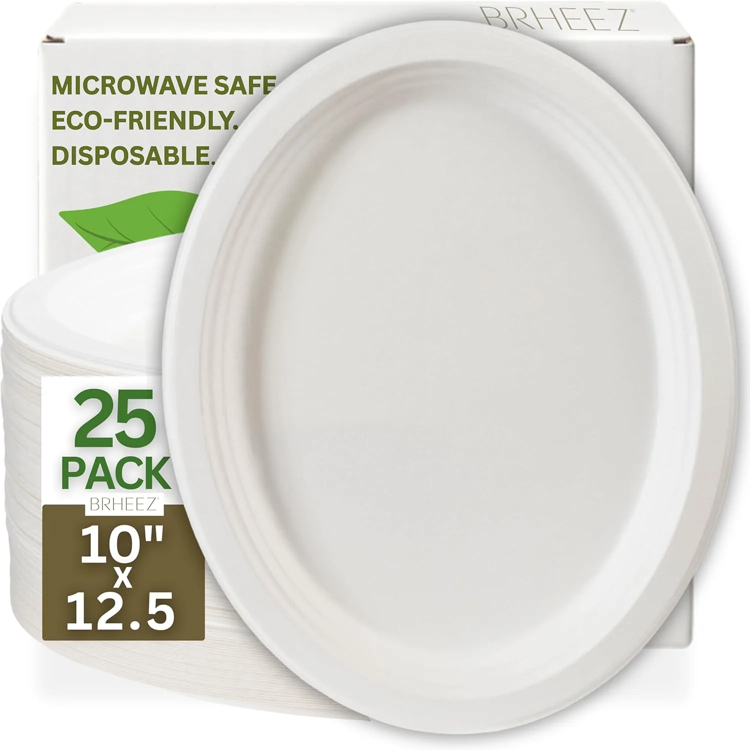 brheez Disposable Oval Dinner Plates 25 Pack (10"x12.5") Heavy Duty Better Than Paper Plates Natural, Compostable Disposable Platters, Large Oval - Heavy Duty