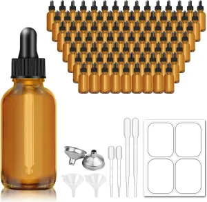 Bumobum 1oz Dropper Bottles for Essential Oils, 100 Pack 30ml Amber Glass Tincture Bottles with Eye Dropper, 10 Funnel and 10 Long Dropper for Travel, Home use