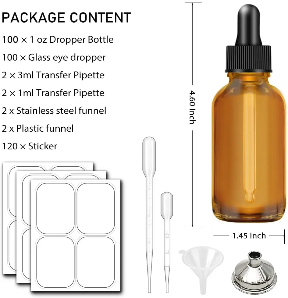 Bumobum 1oz Dropper Bottles for Essential Oils, 100 Pack 30ml Amber Glass Tincture Bottles with Eye Dropper, 10 Funnel and 10 Long Dropper for Travel, Home use