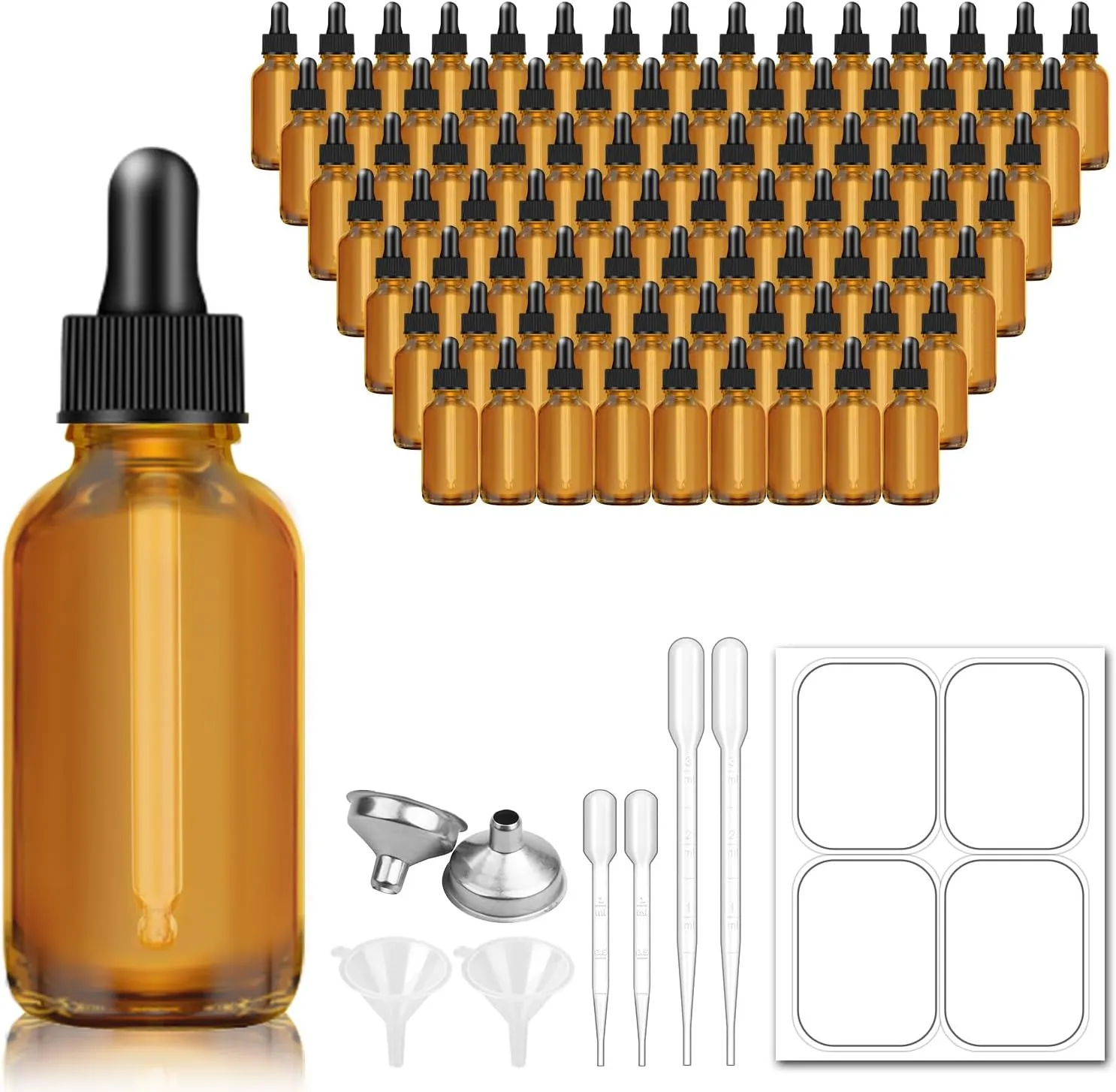 Bumobum 1oz Dropper Bottles for Essential Oils, 100 Pack 30ml Amber Glass Tincture Bottles with Eye Dropper, 10 Funnel and 10 Long Dropper for Travel, Home use