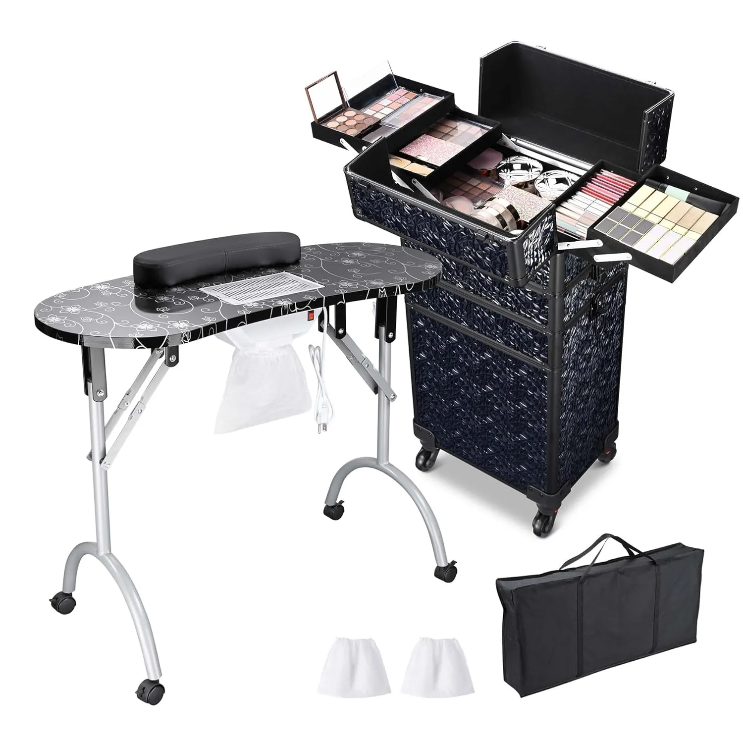 BYOOTIQUE Portable Manicure Table for Nail Tech Station Cosmetology Case on Wheels Rolling Makeup 4in1 Travel Trolley Organizer,Mermaid Black