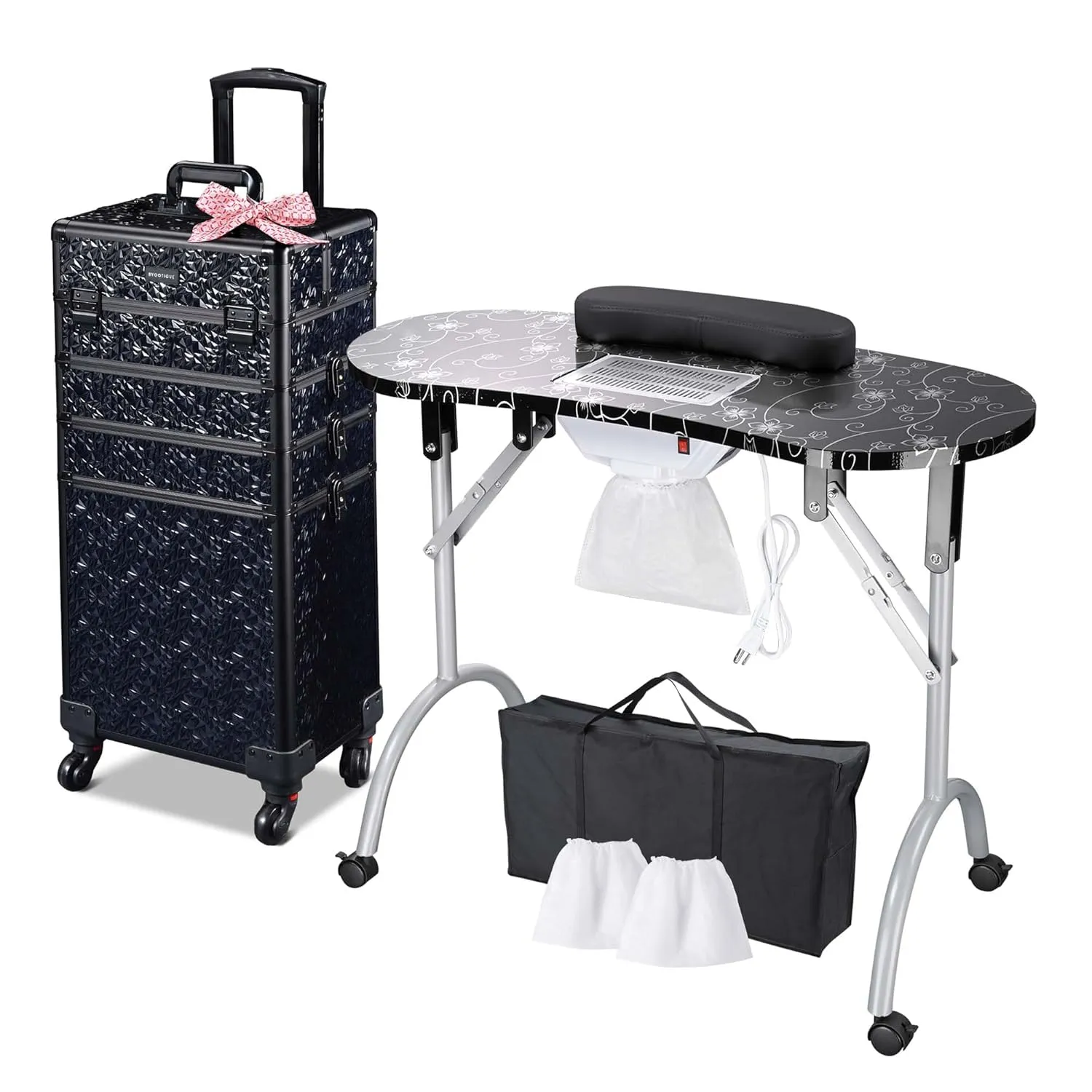 BYOOTIQUE Portable Manicure Table for Nail Tech Station Cosmetology Case on Wheels Rolling Makeup 4in1 Travel Trolley Organizer,Mermaid Black