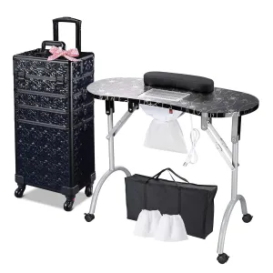 BYOOTIQUE Portable Manicure Table for Nail Tech Station Cosmetology Case on Wheels Rolling Makeup 4in1 Travel Trolley Organizer,Mermaid Black