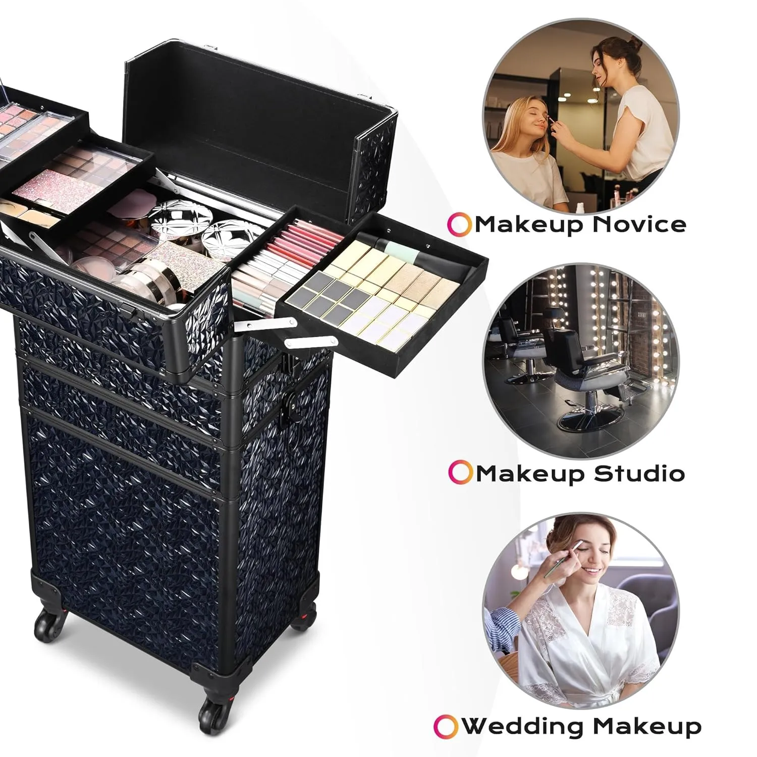 BYOOTIQUE Portable Manicure Table for Nail Tech Station Cosmetology Case on Wheels Rolling Makeup 4in1 Travel Trolley Organizer,Mermaid Black