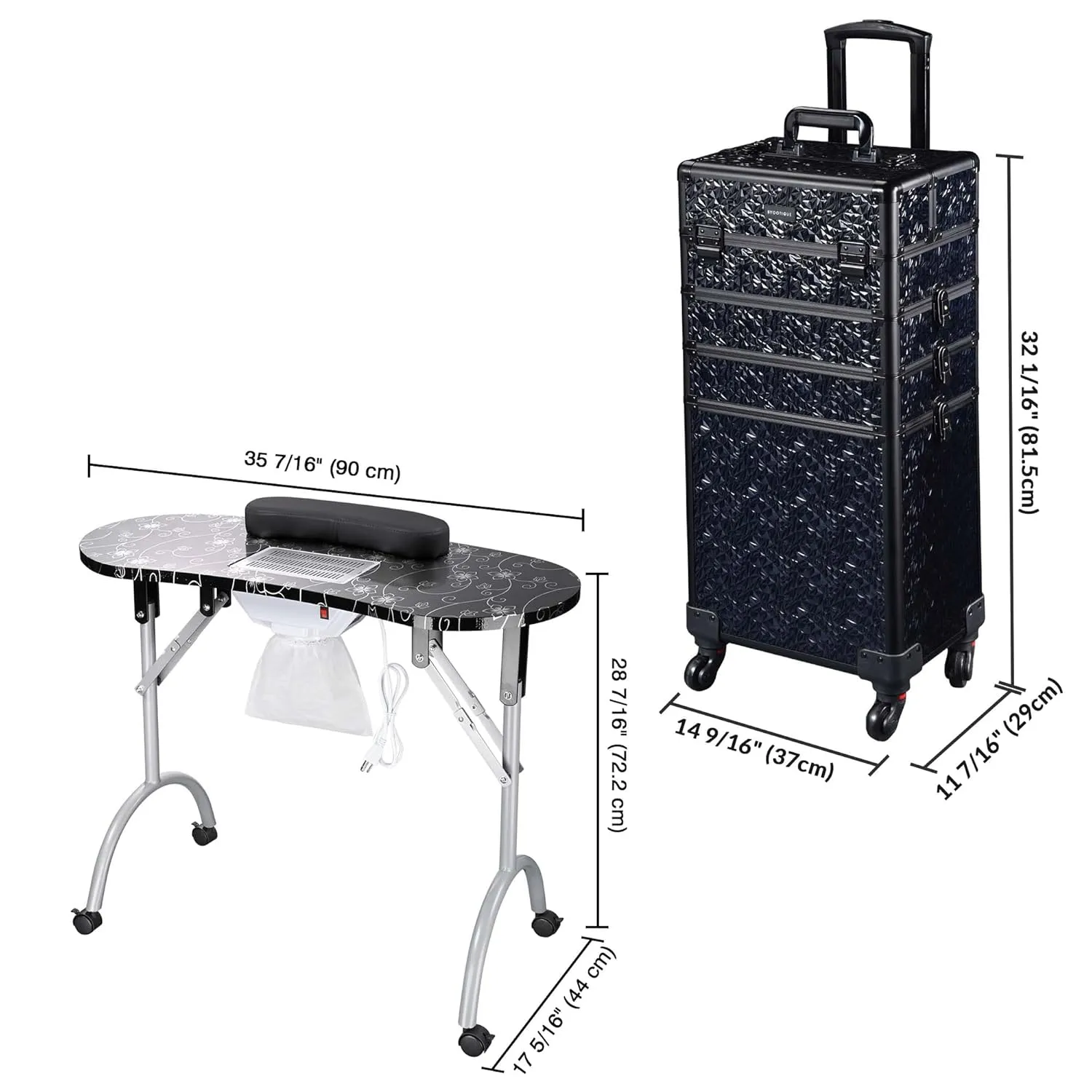 BYOOTIQUE Portable Manicure Table for Nail Tech Station Cosmetology Case on Wheels Rolling Makeup 4in1 Travel Trolley Organizer,Mermaid Black