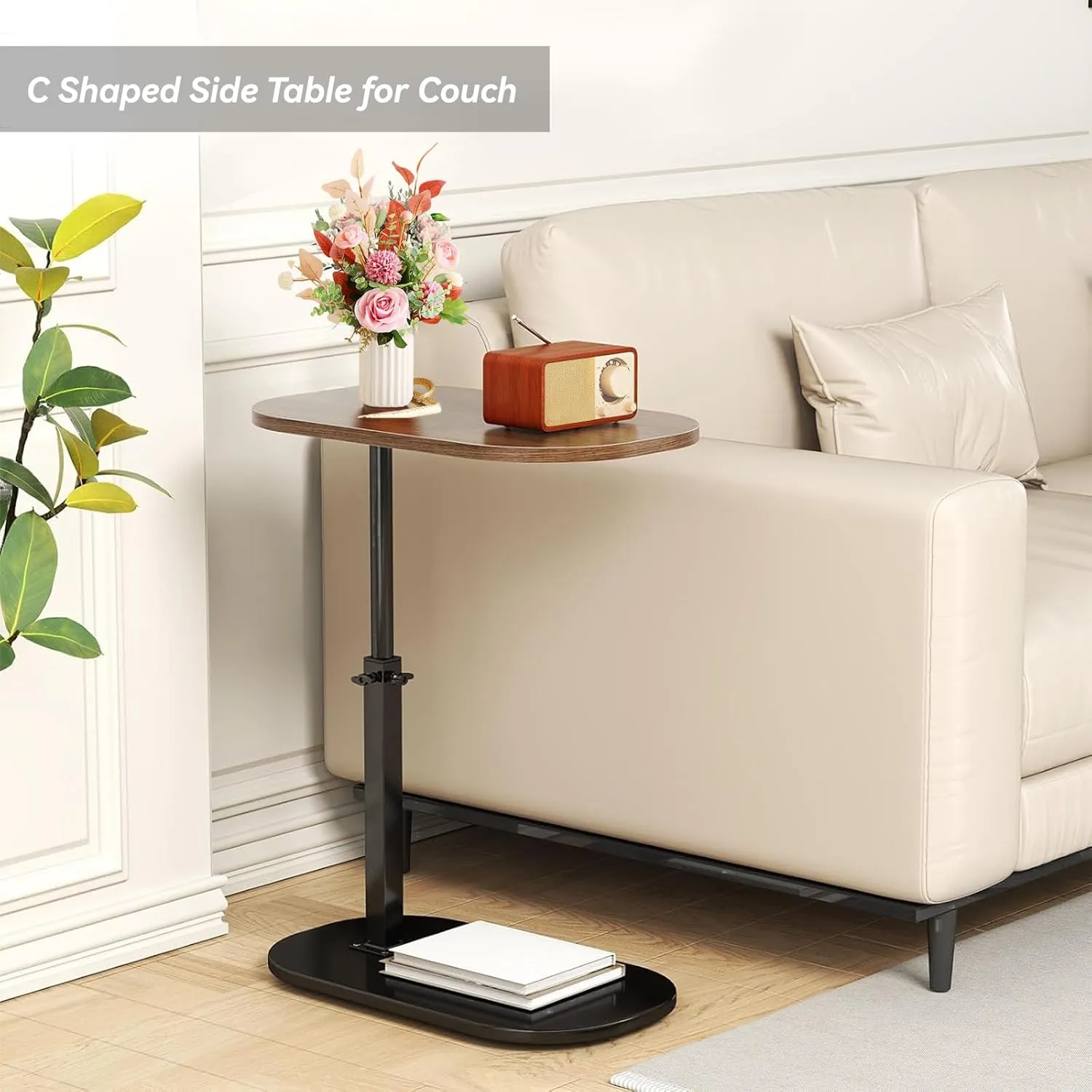 C Shaped End Table, Adjustable Height Couch Side Table, Horizontal 360°Swivel Small Couch Side Tables That Slide Under, C Shaped End Table TV Tray Table for Couch (Black)