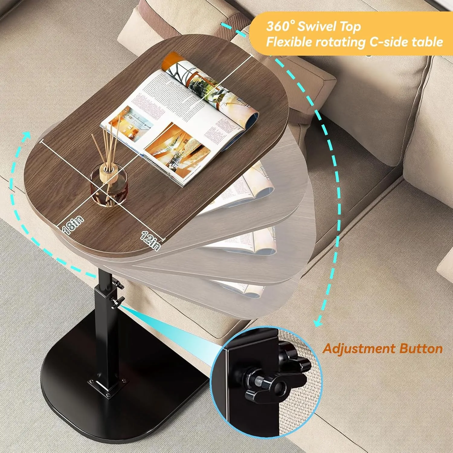 C Shaped End Table, Adjustable Height Couch Side Table, Horizontal 360°Swivel Small Couch Side Tables That Slide Under, C Shaped End Table TV Tray Table for Couch (Black)