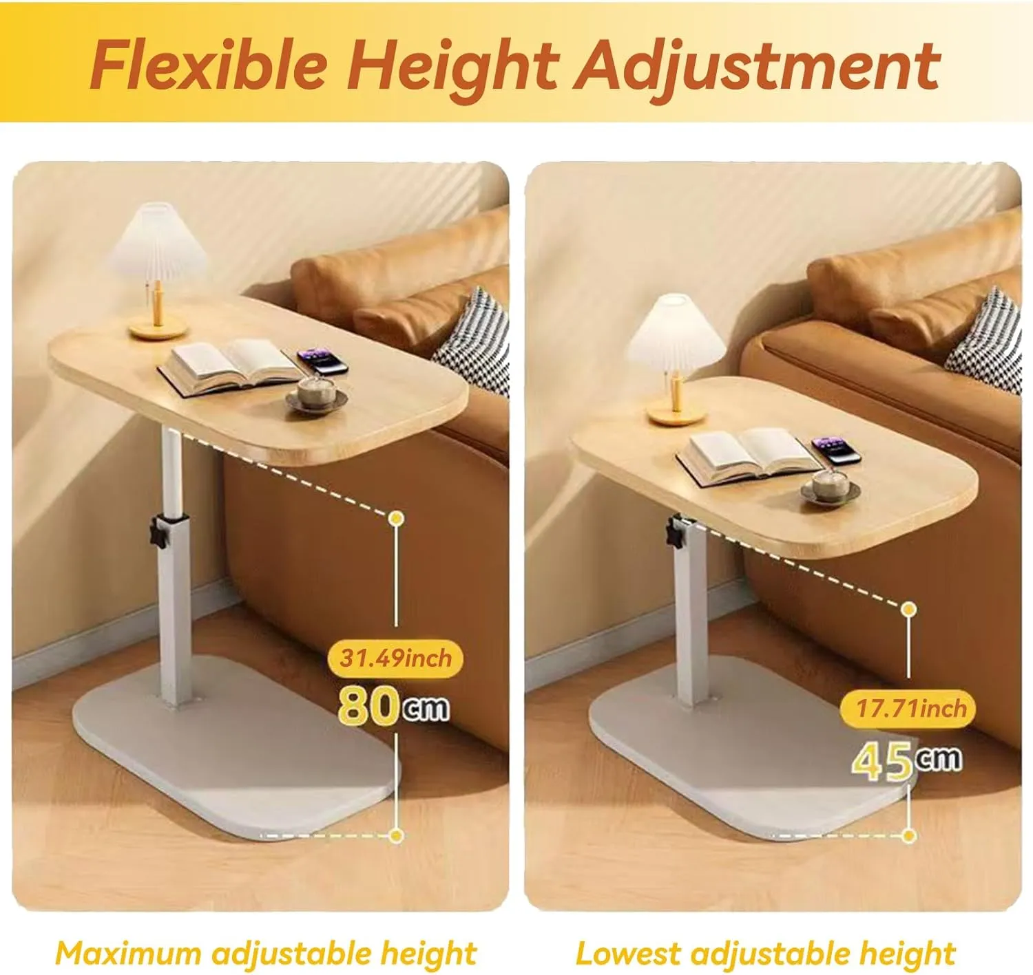 C Shaped End Table, Adjustable Height Couch Side Table, Horizontal 360°Swivel Small Couch Side Tables That Slide Under, C Shaped End Table TV Tray Table for Couch (Black)