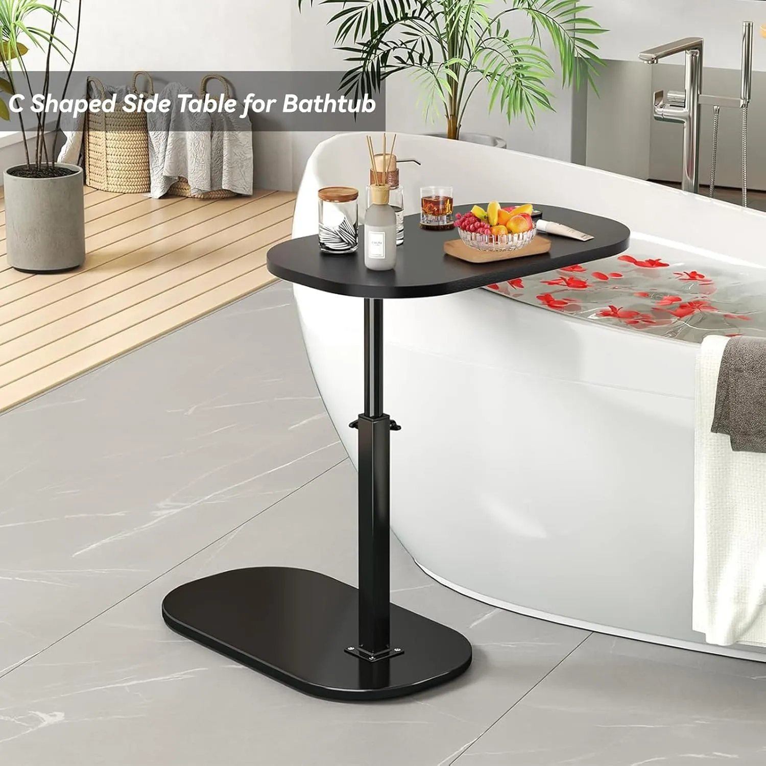C Shaped End Table, Adjustable Height Couch Side Table, Horizontal 360°Swivel Small Couch Side Tables That Slide Under, C Shaped End Table TV Tray Table for Couch (Black)