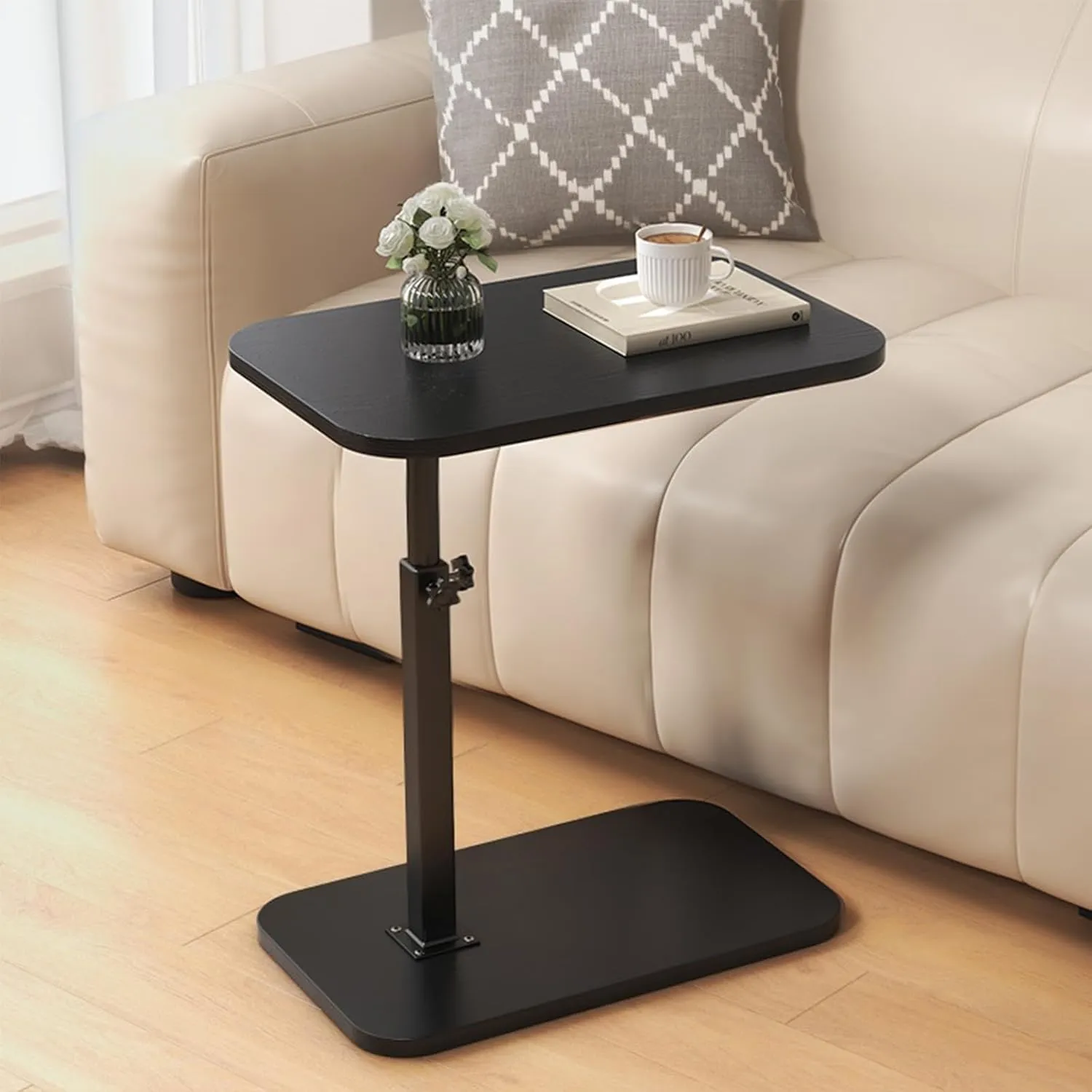 C Shaped End Table, Adjustable Height Couch Side Table, Horizontal 360°Swivel Small Couch Side Tables That Slide Under, C Shaped End Table TV Tray Table for Couch (Black)