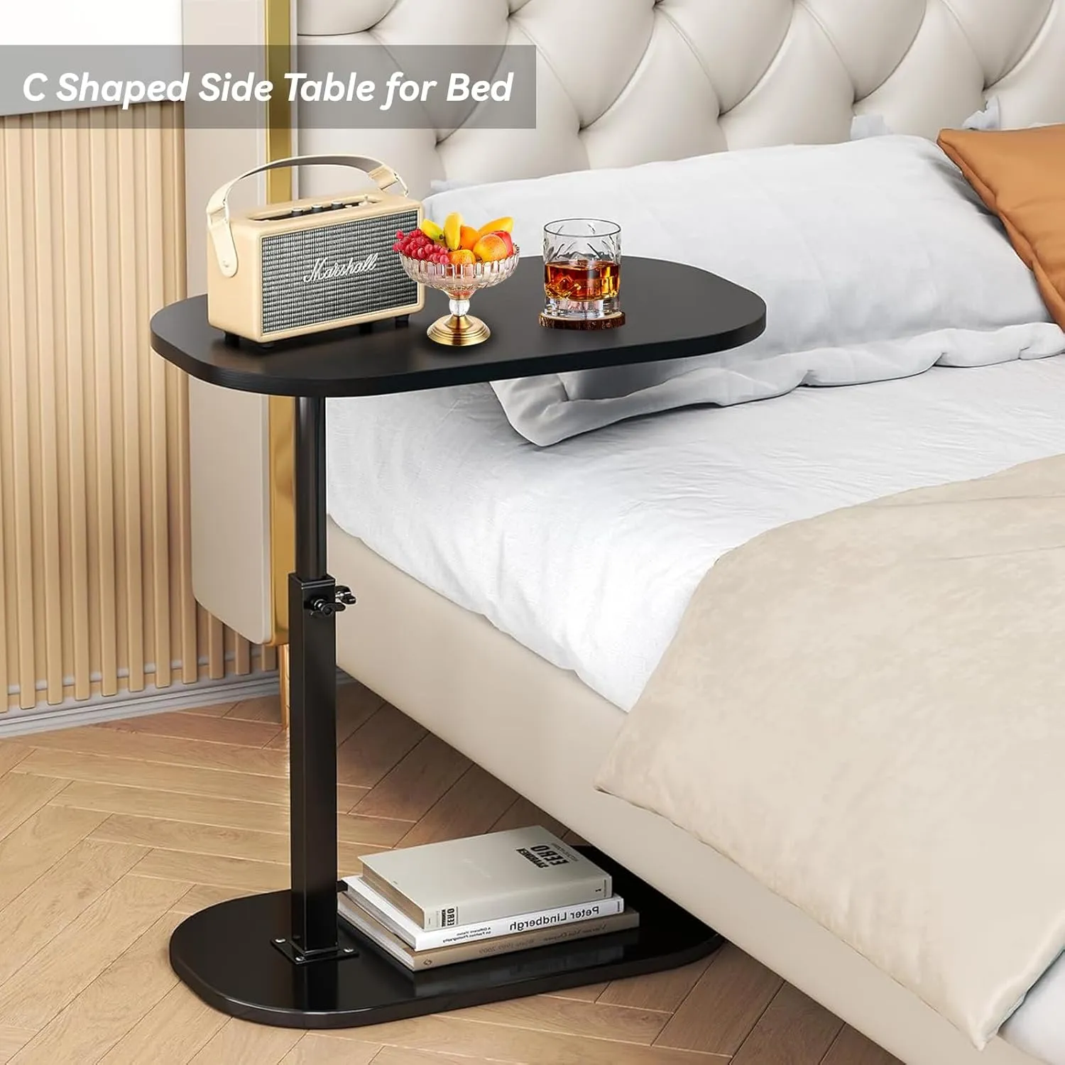 C Shaped End Table, Adjustable Height Couch Side Table, Horizontal 360°Swivel Small Couch Side Tables That Slide Under, C Shaped End Table TV Tray Table for Couch (Black)