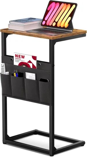 C Shaped Side Table 27 inch Tall with Storage Bag, Narrow Sofa End Snack Table for Small Space, Slide Under Couch Table with Sturdy Metal Frame & Wood Board for Living Room & Bedroom