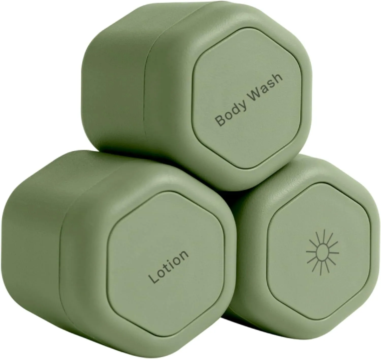 Cadence Travel Containers - Body Care Capsule Set - Magnetic Travel Capsules - For Body Wash, Lotions, Sunscreens - 3 Flex Mediums (1.32oz) with Body Wash, Lotion, & Sun Icon Labels - Eucalyptus
