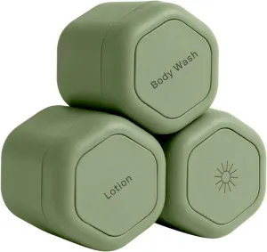 Cadence Travel Containers - Body Care Capsule Set - Magnetic Travel Capsules - For Body Wash, Lotions, Sunscreens - 3 Flex Mediums (1.32oz) with Body Wash, Lotion, & Sun Icon Labels - Eucalyptus