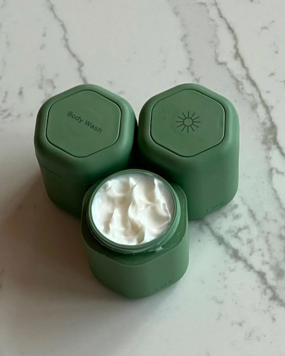 Cadence Travel Containers - Body Care Capsule Set - Magnetic Travel Capsules - For Body Wash, Lotions, Sunscreens - 3 Flex Mediums (1.32oz) with Body Wash, Lotion, & Sun Icon Labels - Eucalyptus