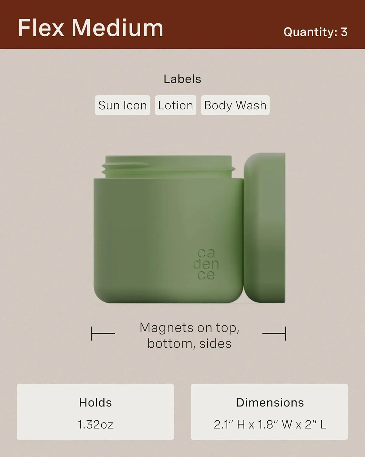 Cadence Travel Containers - Body Care Capsule Set - Magnetic Travel Capsules - For Body Wash, Lotions, Sunscreens - 3 Flex Mediums (1.32oz) with Body Wash, Lotion, & Sun Icon Labels - Eucalyptus