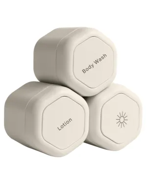 Cadence Travel Containers - Body Care Capsule Set - Magnetic Travel Capsules - For Wash, Lotions, Sunscreens - 3 Flex Mediums (1.32oz) with Body Wash, Lotion, & Sun Icon Labels - Sand