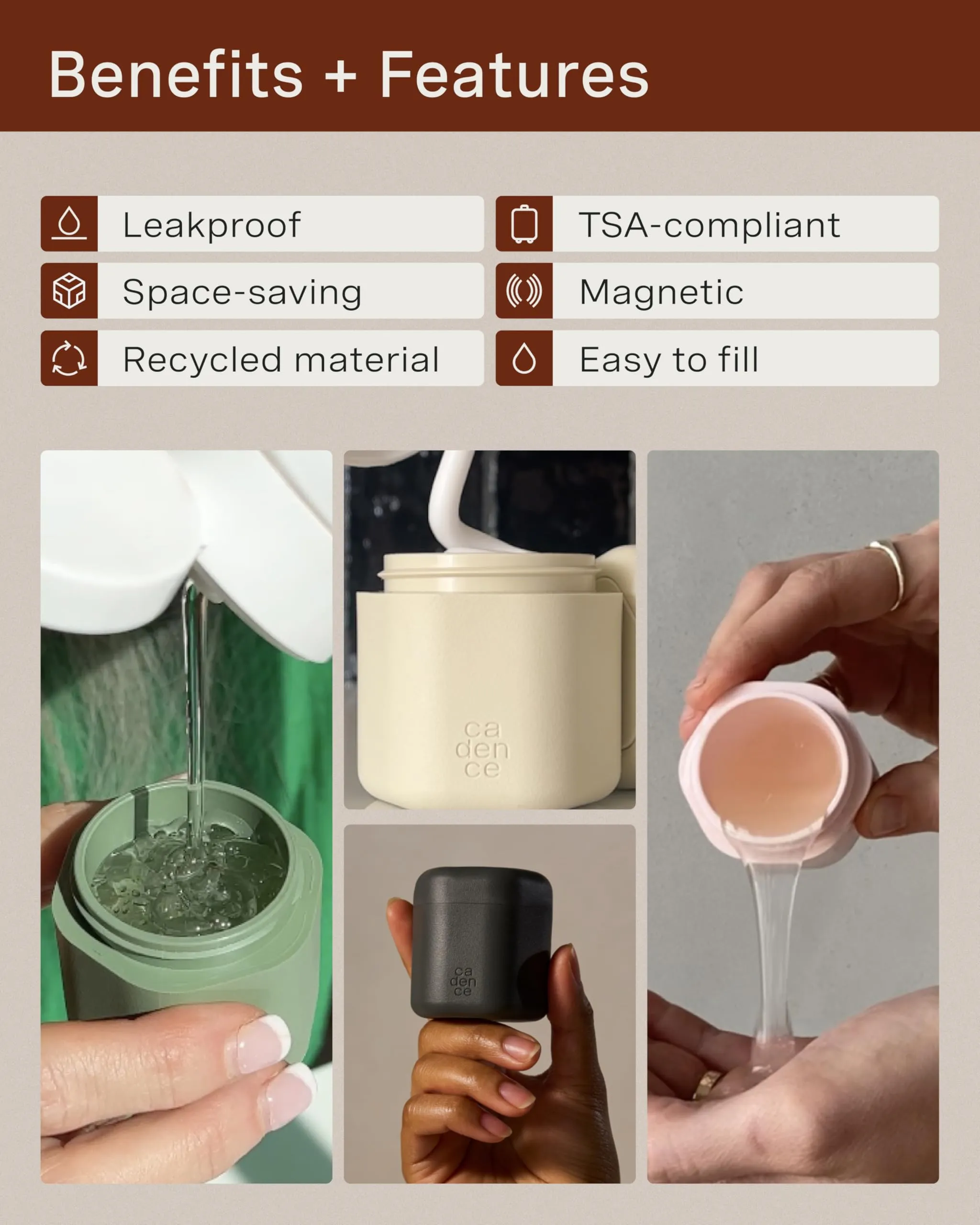 Cadence Travel Containers - Body Care Capsule Set - Magnetic Travel Capsules - For Wash, Lotions, Sunscreens - 3 Flex Mediums (1.32oz) with Body Wash, Lotion, & Sun Icon Labels - Sand