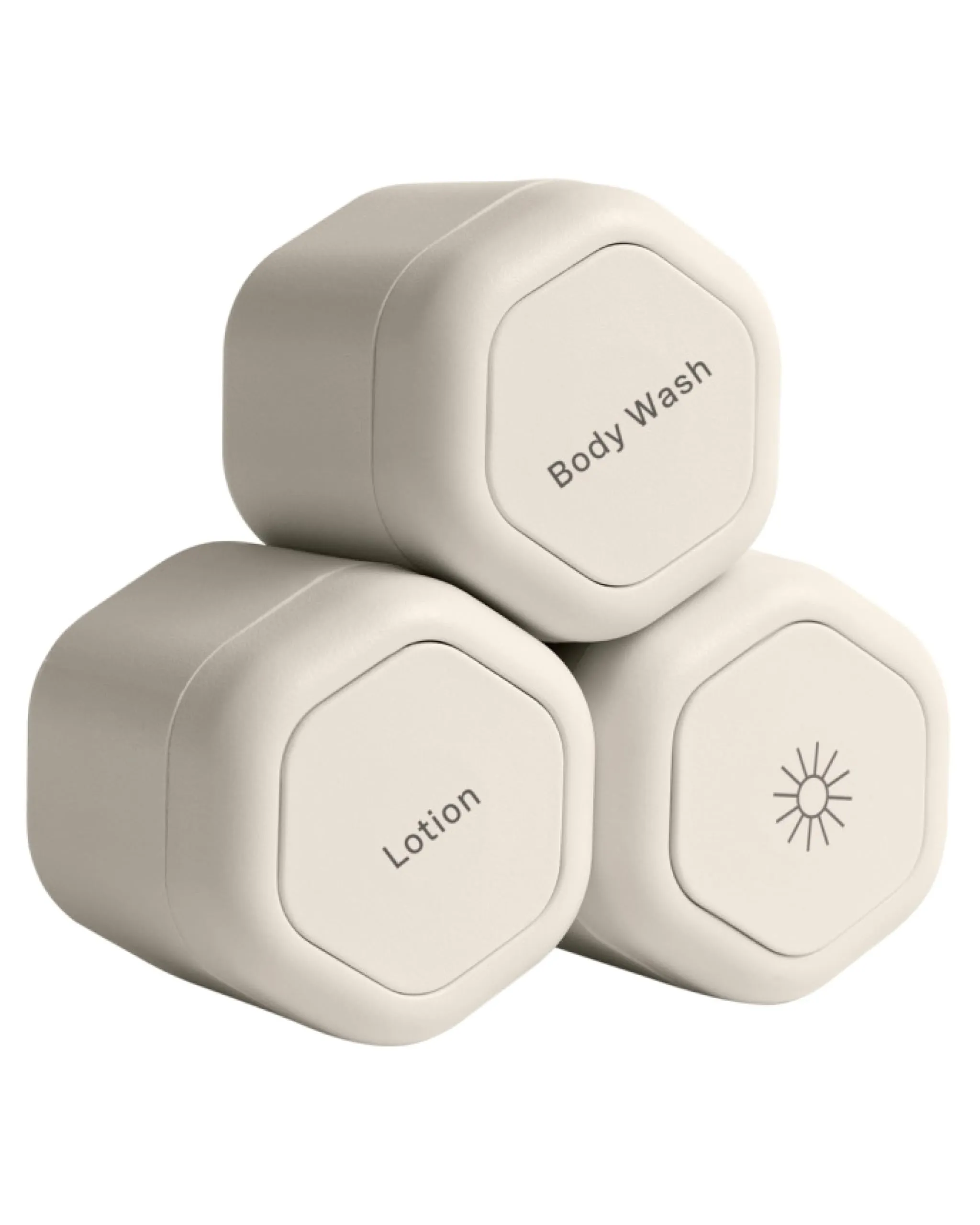 Cadence Travel Containers - Body Care Capsule Set - Magnetic Travel Capsules - For Wash, Lotions, Sunscreens - 3 Flex Mediums (1.32oz) with Body Wash, Lotion, & Sun Icon Labels - Sand