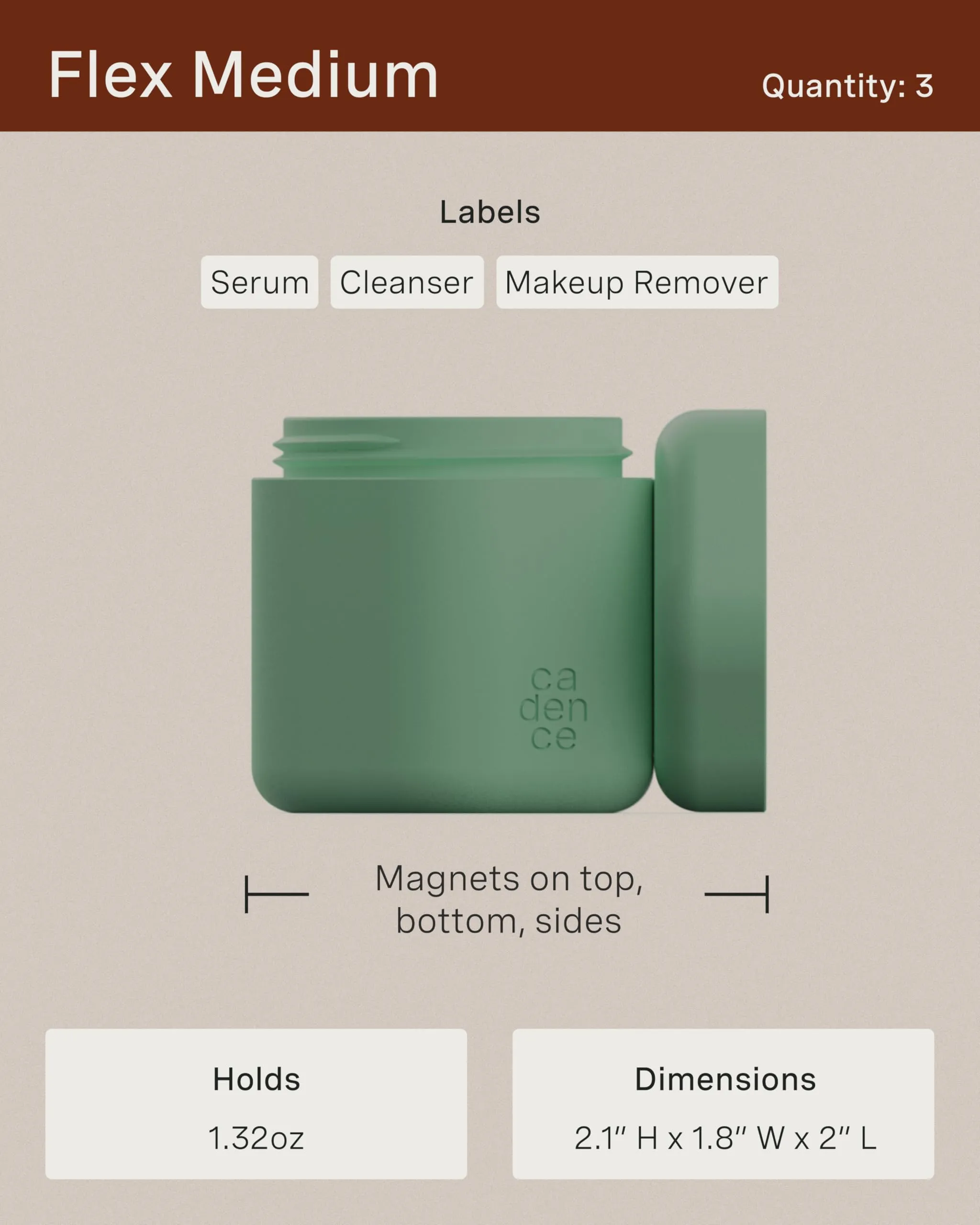 Cadence Travel Containers - Core Skincare Set - Magnetic Travel Capsules - 2 Small (0.56oz) & 3 Medium Capsules (1.32oz) with Cleanser, Moisturizer, Serum, Makeup Remover & Sun-Icon Label - Charcoal