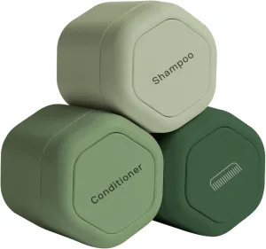Cadence Travel Containers - Haircare Set - Magnetic Travel Capsules - For Shampoo, Conditioner, Hair Styling Product - 3 Flex Mediums (1.32oz) with Shampoo, Conditioner & Comb Icon Labels - Evergreen