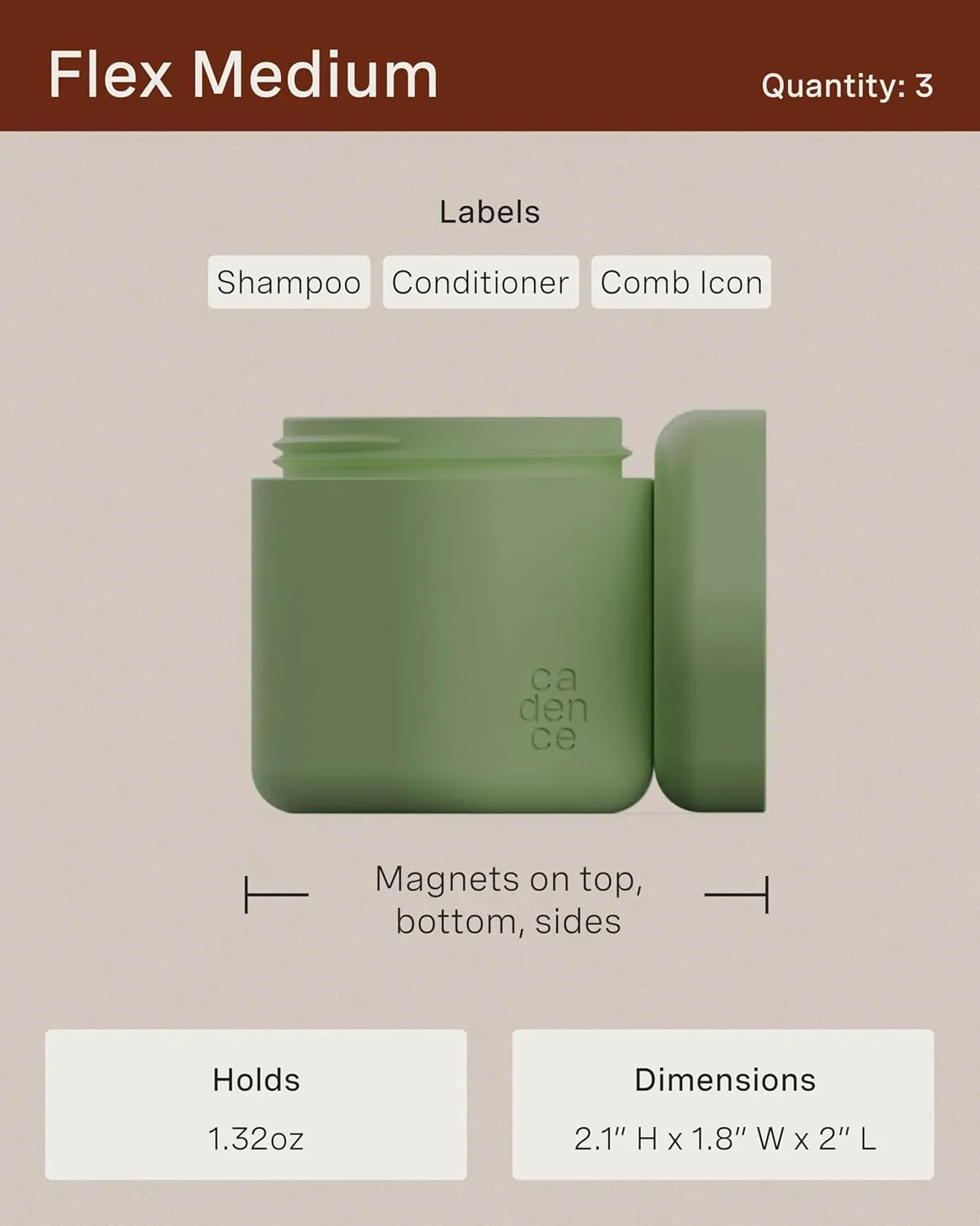 Cadence Travel Containers - Haircare Set - Magnetic Travel Capsules - For Shampoo, Conditioner, Hair Styling Product - 3 Flex Mediums (1.32oz) with Shampoo, Conditioner & Comb Icon Labels - Evergreen