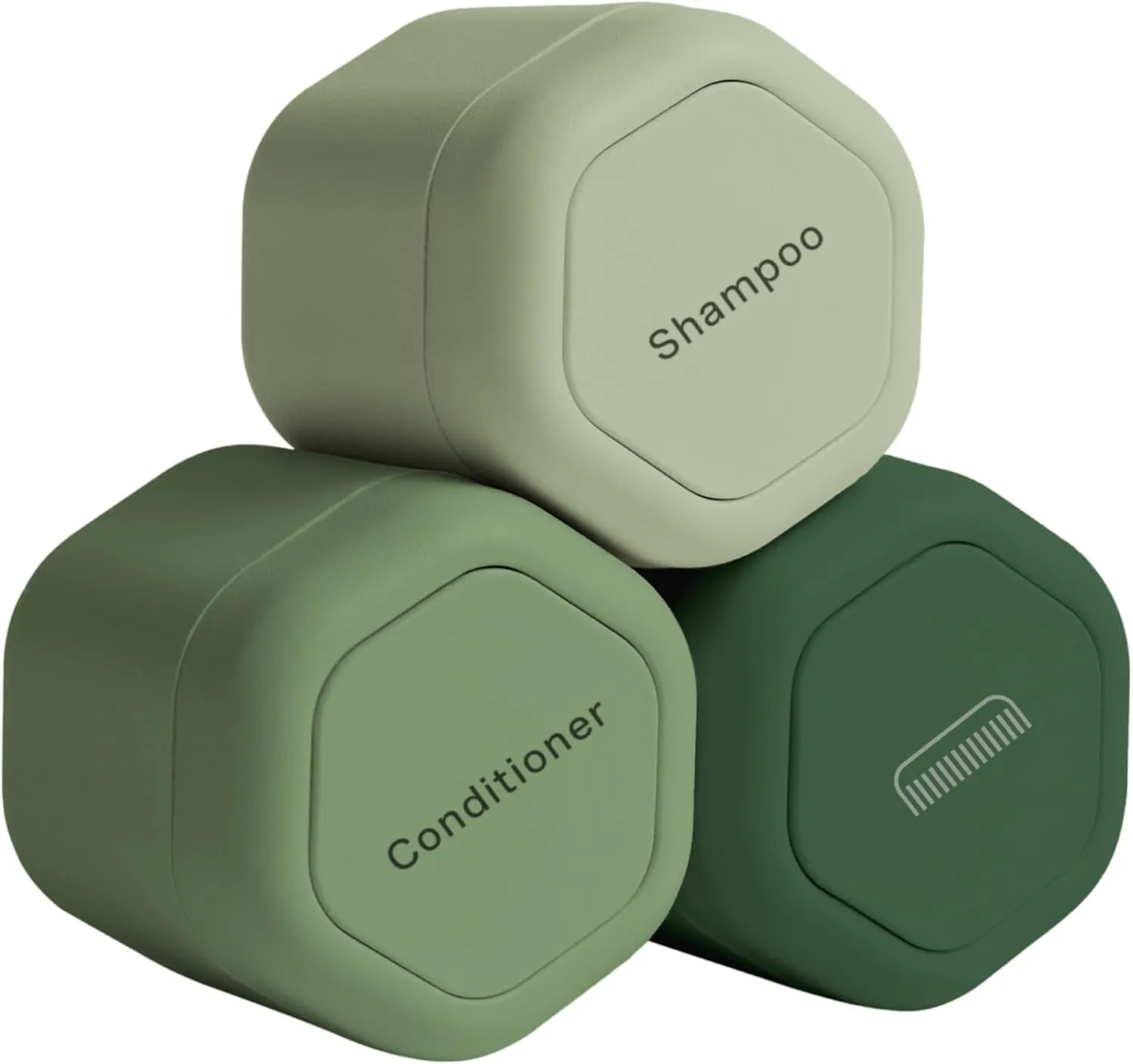 Cadence Travel Containers - Haircare Set - Magnetic Travel Capsules - For Shampoo, Conditioner, Hair Styling Product - 3 Flex Mediums (1.32oz) with Shampoo, Conditioner & Comb Icon Labels - Evergreen