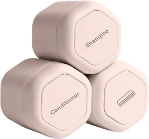 Cadence Travel Containers - Haircare Set - Magnetic Travel Capsules - For Shampoo, Conditioner, Hair Styling Product - 3 Flex Mediums (1.32oz) with Shampoo, Conditioner & Comb Icon Labels - Petal