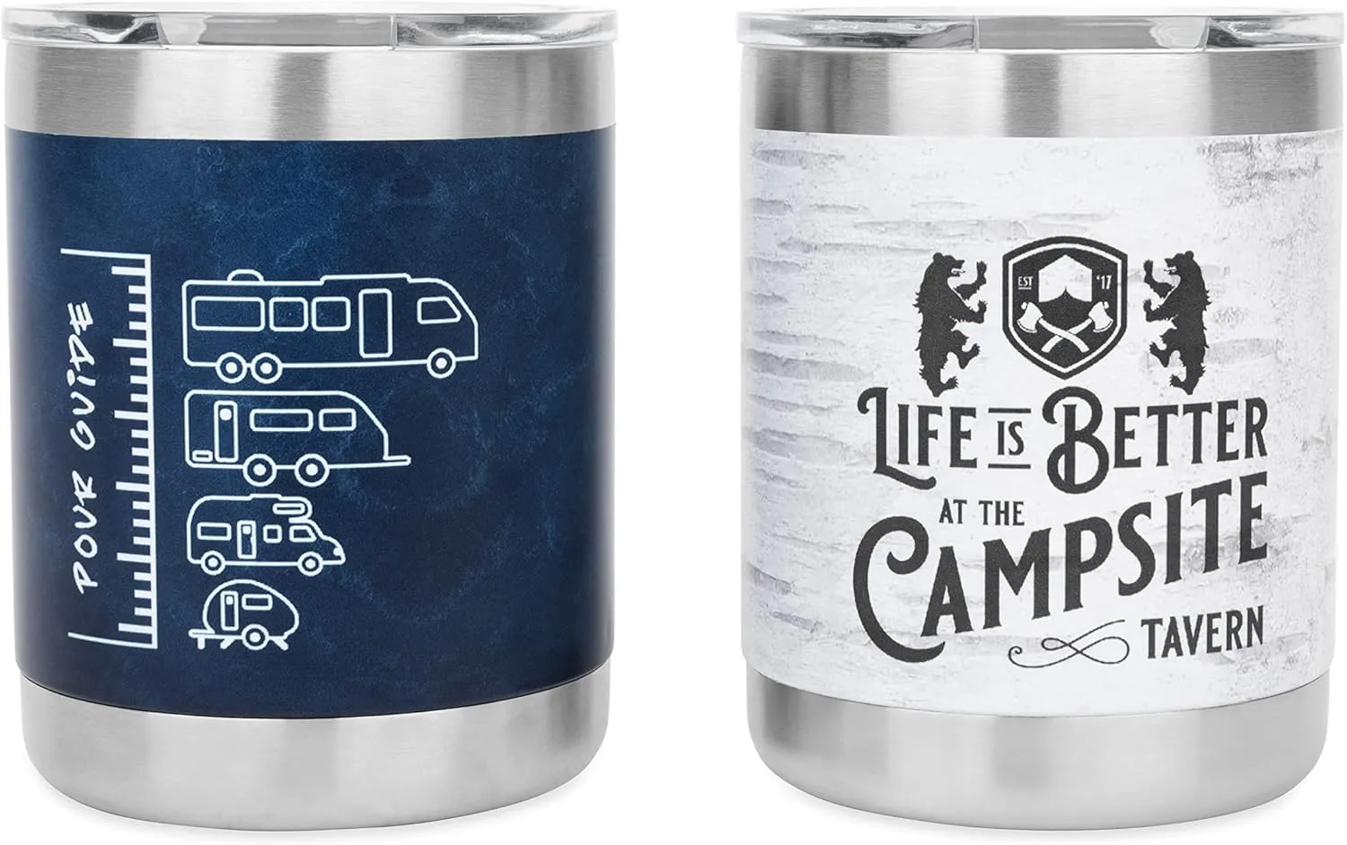 Camco Life is Better at the Campsite Lowball Whiskey Tumblers | Stylish and Insulated Drinkware for Favorite Whiskey or Bourbon | 2-Pack (53328)