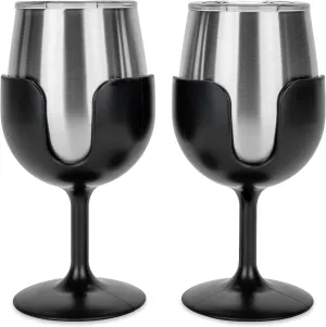 Camco Life is Better at The Campsite Wine Tumbler | Heavy Duty Double Wall Vacuum Insulation | Crafted of 18/8 Stainless Steel | Features Removable Black Stems | 2-Pk, 8-oz/Each (53485)
