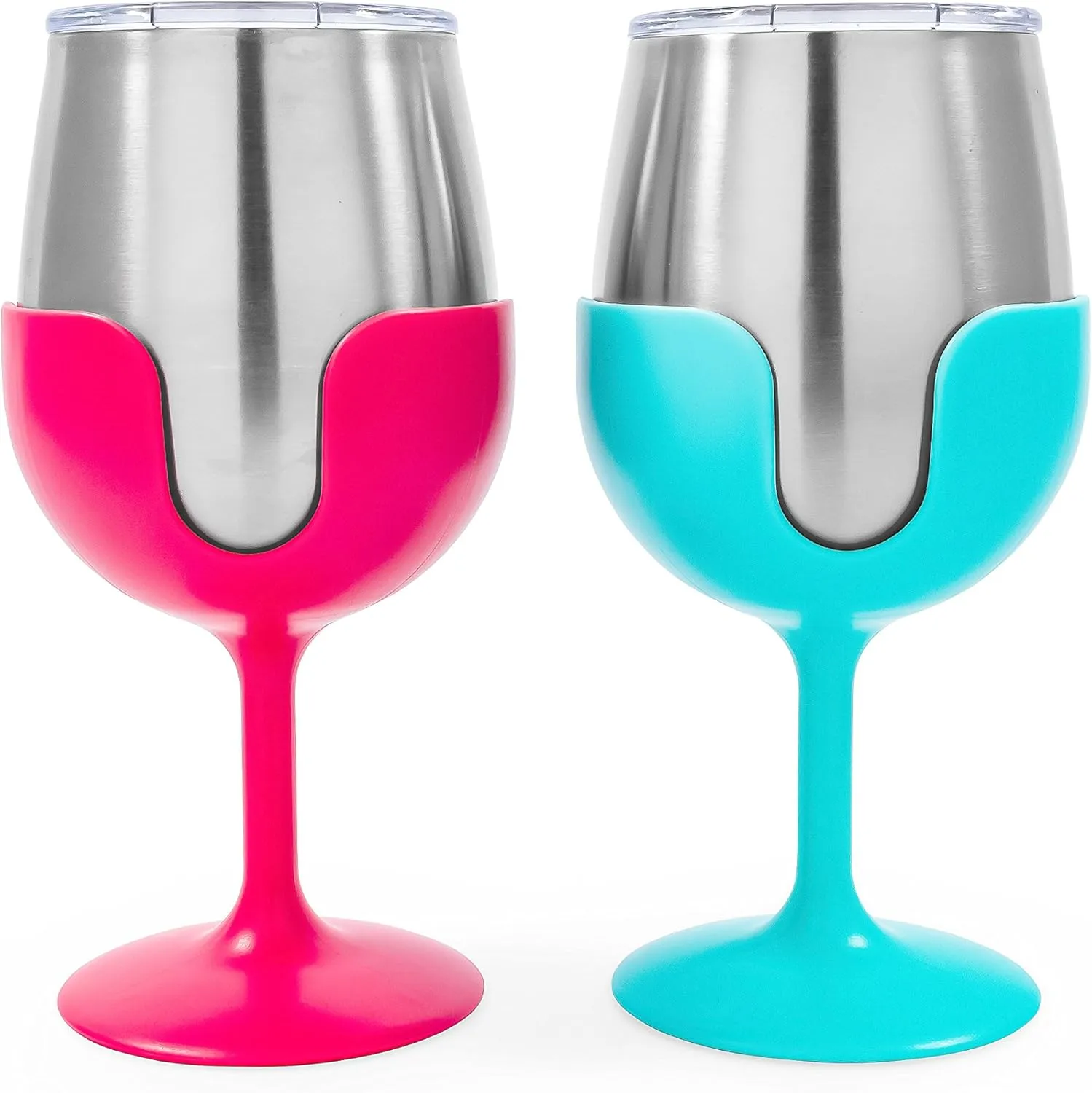 Camco Life is Better at The Campsite Wine Tumbler | Heavy Duty Double Wall Vacuum Insulation | Crafted of 18/8 Stainless Steel | Features Removable Blue & Pink Stems | 2-Pk, 8-oz/Each (51915)