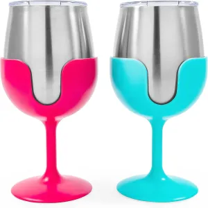 Camco Life is Better at The Campsite Wine Tumbler | Heavy Duty Double Wall Vacuum Insulation | Crafted of 18/8 Stainless Steel | Features Removable Blue & Pink Stems | 2-Pk, 8-oz/Each (51915)